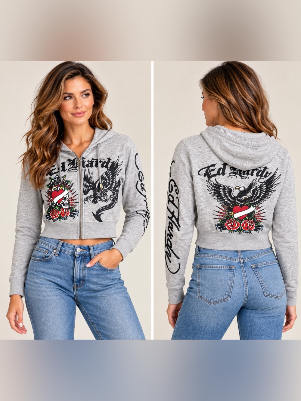 Ed Hardy Christian Audigier Gray Cropped Graphic Zip Hoodie Y2K M